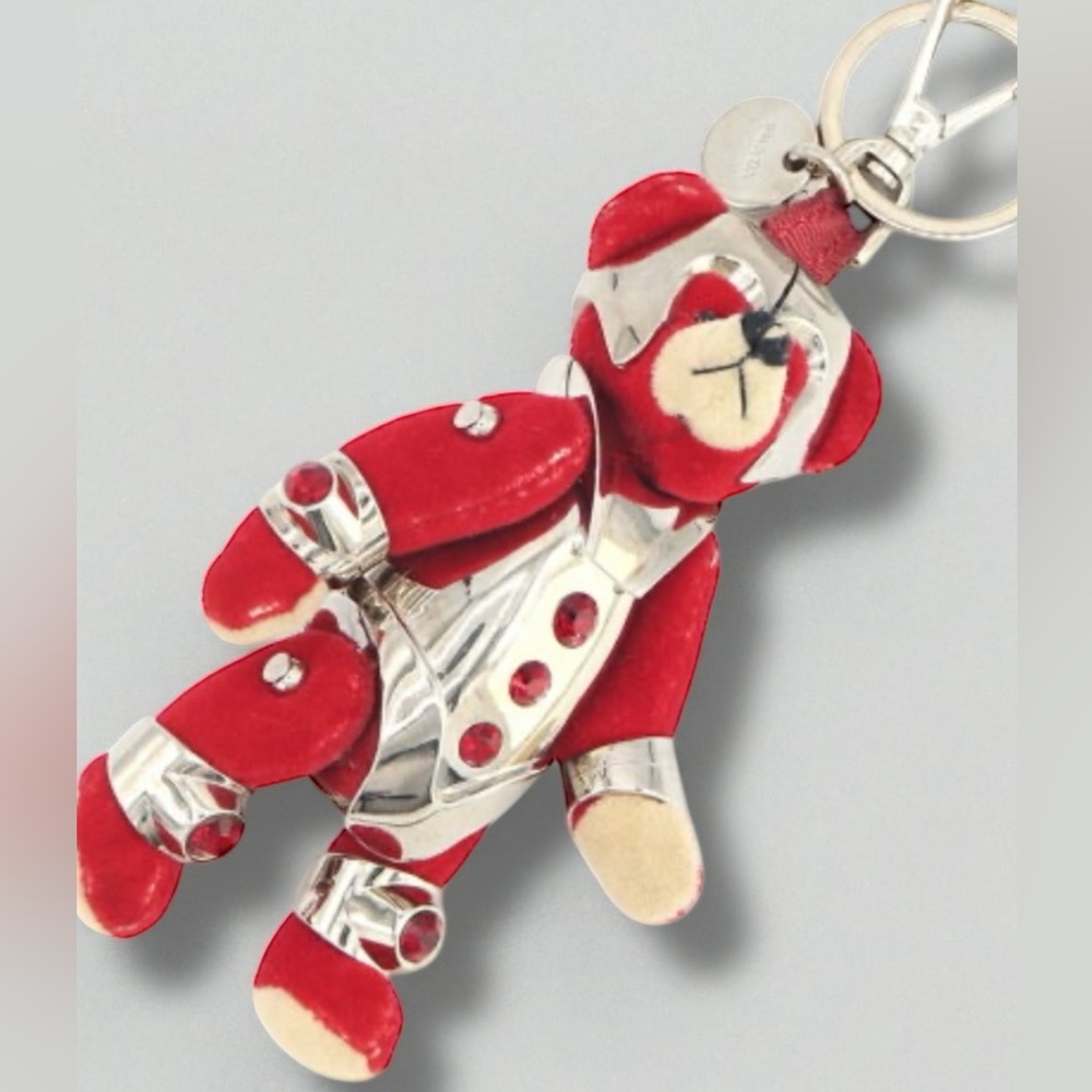 Prada Bear Robot Metallic Charm Keychain Red and Silver Teddy w/Box Red Crystals - Picture 2 of 13